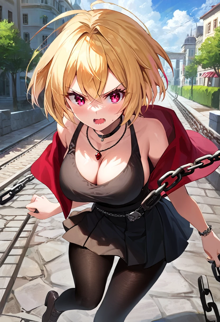 masterpiece,best quality,Arcueid,ruby eyes, ruby eyes,short hair, blonde hair ,1girl, solo,looking at viewer, black skirt,hair between eyes,breasts,outdoors, chain necklace, fang, angry, black tights, long nails