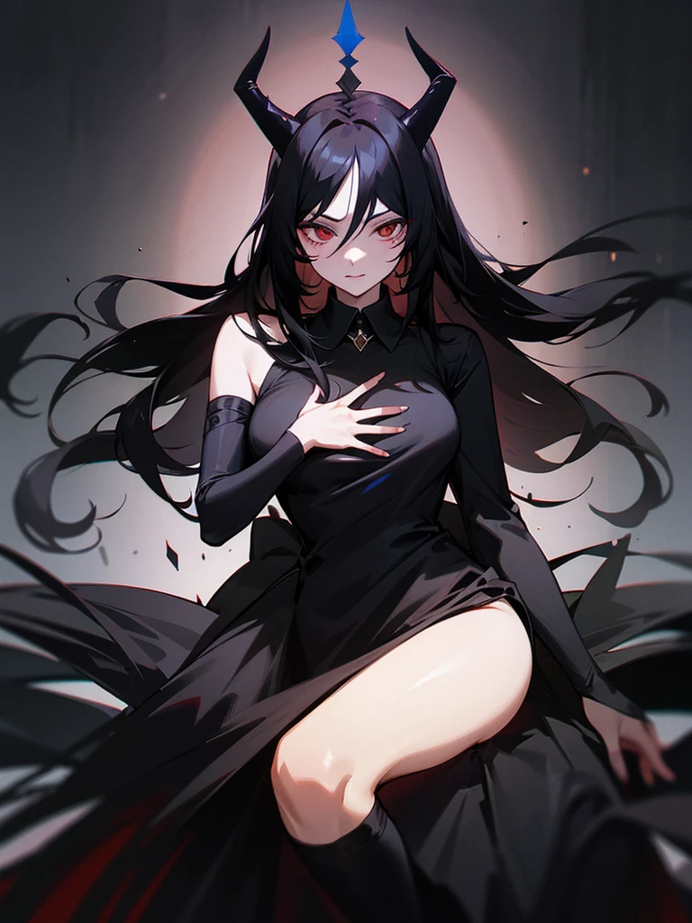 Long black hair, Queen of Darkness, horns, black bouquet, jet black dress