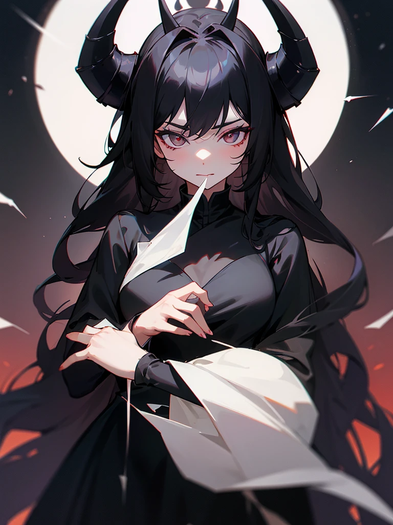 Long black hair, Queen of Darkness, horns, black bouquet, jet black dress