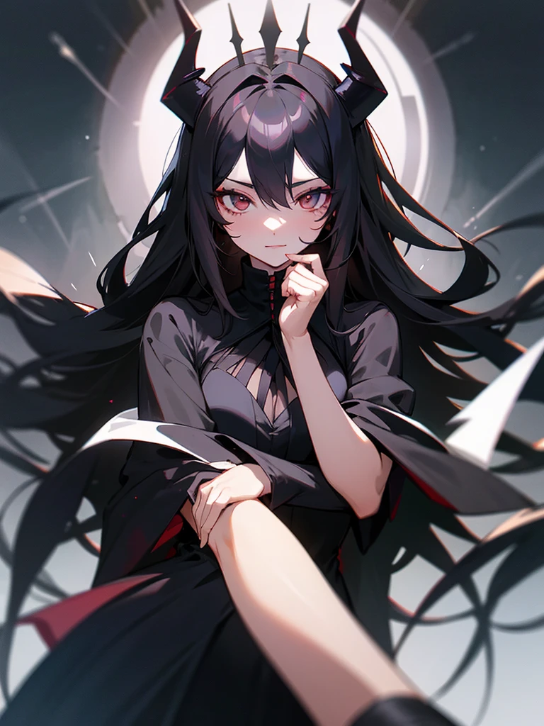 Long black hair, Queen of Darkness, horns, black bouquet, jet black dress