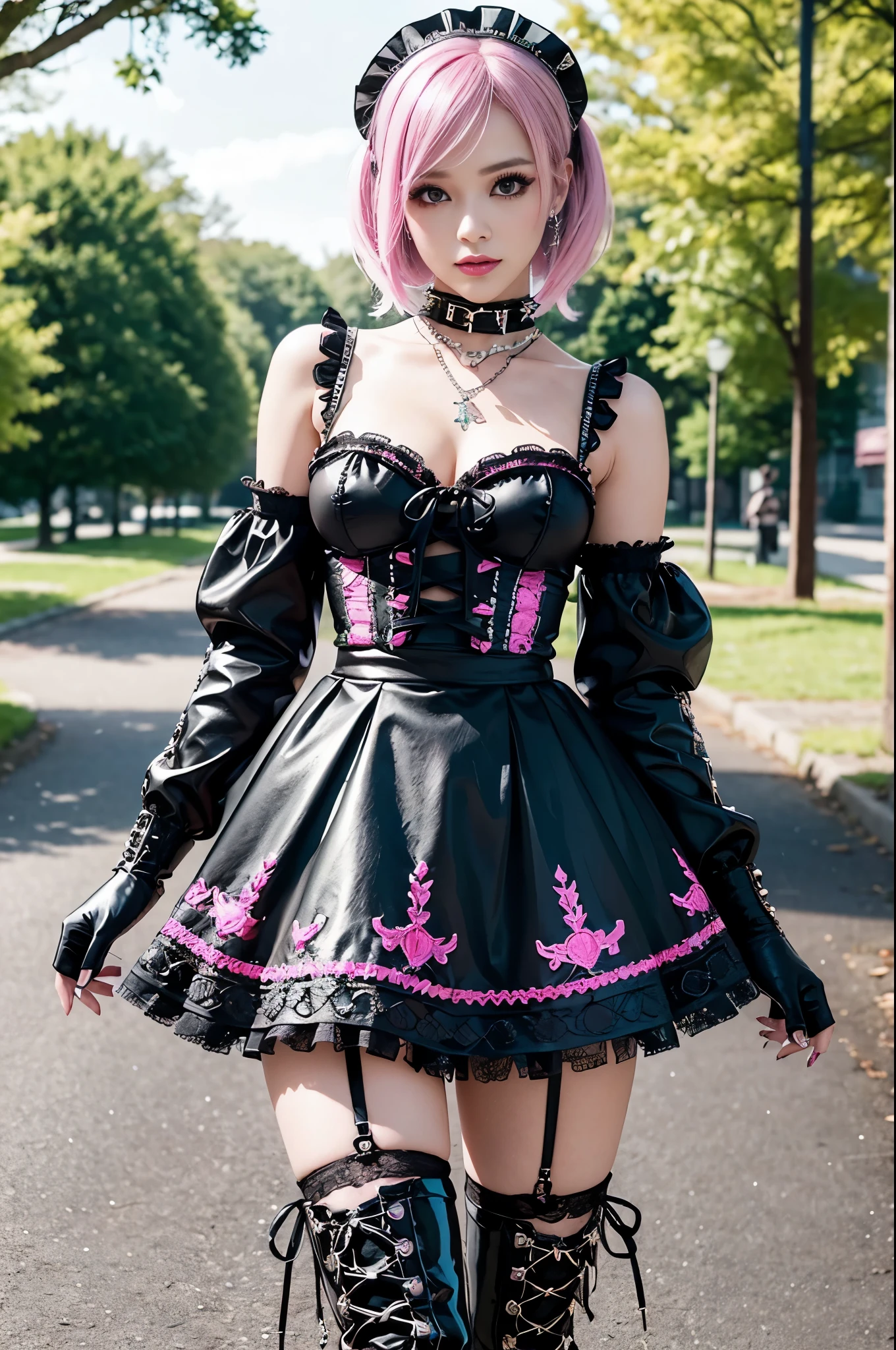 sexy stylish Swedish model, only 1 female, ((doll-like appearance)), short neon pink stylish hair, ((shiny Punk-Style boots)), (beautiful smile), ultra detailed eyes, long lashes, metallic makeup, lip-gloss, ((sexy Punk Lolita cosplay)), unconventional skirt, petticoats, high neckline, ((ultra detailed lace)), ((ultra detailed embroidery)), intricate details, tartan patterns, Punk Lolita accessoires, Punk Lolita choker, ((large sparkling Punk Lolita jewelry)), cinematic light, detailed large park background with trees