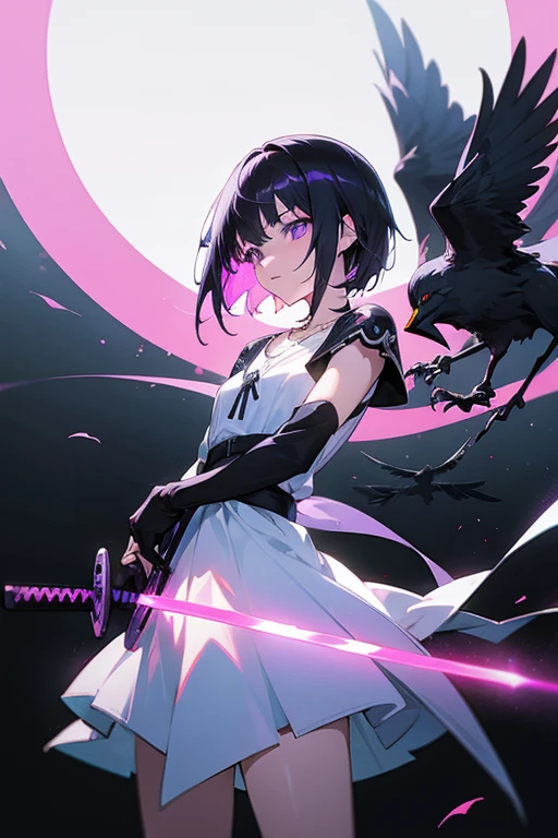 Anime girl holding sword katana, anime, short black hair with neon purple highlights, hair is above shoulder height, smooth beautiful, 4k, anime art, pendant on hair, cross t necklace, vivid white dress, two crows in scene