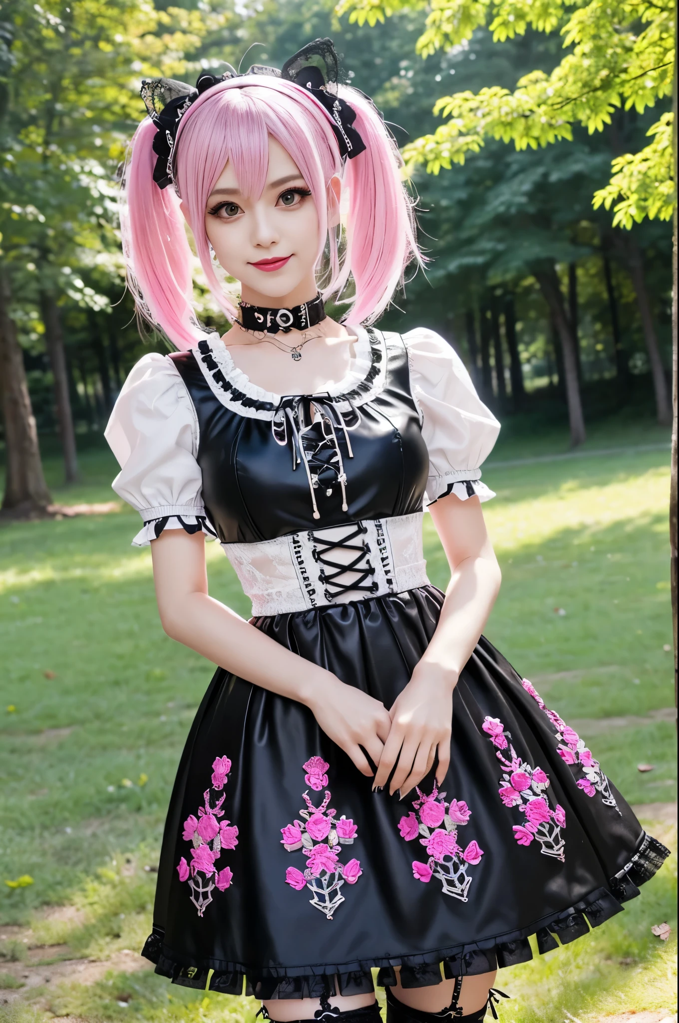 sexy stylish Swedish model, only 1 female, ((doll-like appearance)), short neon pink stylish hair, ((shiny Punk-Style boots)), (beautiful smile), ultra detailed eyes, long lashes, metallic eye-makeup, lip-gloss, ((sexy Punk ta cosplay)), unconventional skirt, petticoats, high neckline, ((ultra detailed lace)), ((ultra detailed embroidery)), intricate details, tartan patterns, Punk Loliccessoires, Punk Lolita cr, ((large sparkling Punk Lolita jewel, cinematic light, detailed sunny large park background with trees