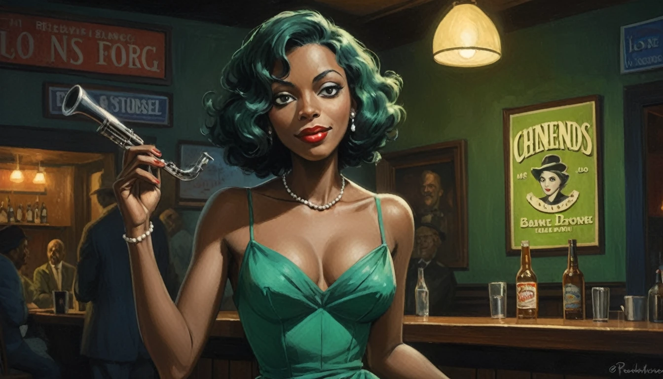 robert johnson, gritty, alabama bar, blue note, charismatic , green dress, illustration, ???? fantasy, lone canadian lady, happy ending, saxophonist