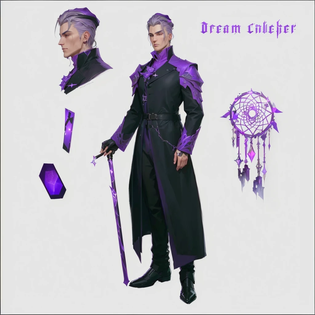 a man in a black coat and a purple hat is standing, !dream conceptual art, ryan glitter conceptual artist, unrealistic character concept, ( ( character conceptual art ) ), besides, What + conceptual art, The concept of a fantasy character, fantasy character design, detailed character art, detailed character design, arcane conceptual art, realistic character concept, male character design, [ character design ]