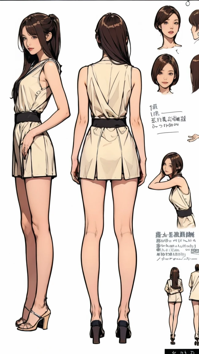 ((masterpiece)),(((best quality))),((Character Design Sheet)),Thin thighs,Long legs,A very cute 20 year old Japanese young woman.，#11: Light Blonde Fine Hair，Side wavy double ponytail hairstyle，slim body:1.5，Medium bust:1.5，Clean your hands，Very friendly smile，The lace is clearly visible:1.5，I can see her cleavage，She was wearing a light blue knitted dress，Face lighting, Extremely detailed face,full-body shot:1.5，