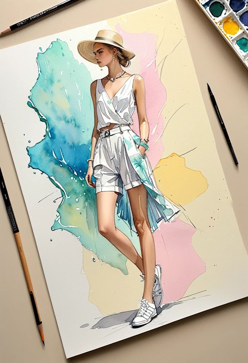 candid fashion illustration of young 2man models, both aged 22 year old, skinny and lean, ((showcase fashion look book in White outfits)), inspired by Christian Dior's resort collection in elegant young bohemian style. The man wears Short-sleeved shirt in cotton twill with a collar, zip at the top, yoke at the back and an open chest pocket. Straight-cut hem with a slit at each side. Loose fit for a generous but not oversized silhouette, paired with relaxed-fit white Sports Wide Leg Shorts Baggy short and Drawstring, Regular fit for comfortable wear and a classic silhouette. He completes his look with white sneakers, round sunglasses and bracelet. The woman complements him in a Long plissé dress in jersey with a deep V-neckline and narrow shoulder straps that cross at the back. Deep opening at the back, a concealed zip at one side and gathered tiers on the skirt for added volume, Her ensemble includes an accessorizes with a straw hat, white sneakers, Captured in a dynamic angle, ((full-body image)), ((pastel water color background)), sketching, realistic drawing, imperfect water color drawing, fashion look book, fashion illustrator, sketch design,