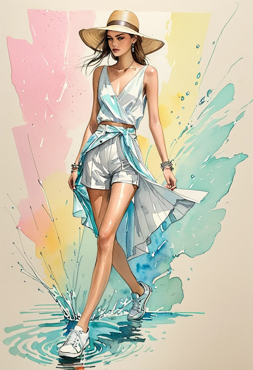 candid fashion illustration of young 2man models, both aged 22 year old, skinny and lean, ((showcase fashion look book in White outfits)), inspired by Christian Dior's resort collection in elegant young bohemian style. The man wears Short-sleeved shirt in cotton twill with a collar, zip at the top, yoke at the back and an open chest pocket. Straight-cut hem with a slit at each side. Loose fit for a generous but not oversized silhouette, paired with relaxed-fit white Sports Wide Leg Shorts Baggy short and Drawstring, Regular fit for comfortable wear and a classic silhouette. He completes his look with white sneakers, round sunglasses and bracelet. The woman complements him in a Long plissé dress in jersey with a deep V-neckline and narrow shoulder straps that cross at the back. Deep opening at the back, a concealed zip at one side and gathered tiers on the skirt for added volume, Her ensemble includes an accessorizes with a straw hat, white sneakers, Captured in a dynamic angle, ((full-body image)), ((pastel water color background)), sketching, realistic drawing, imperfect water color drawing, fashion look book, fashion illustrator, sketch design,
