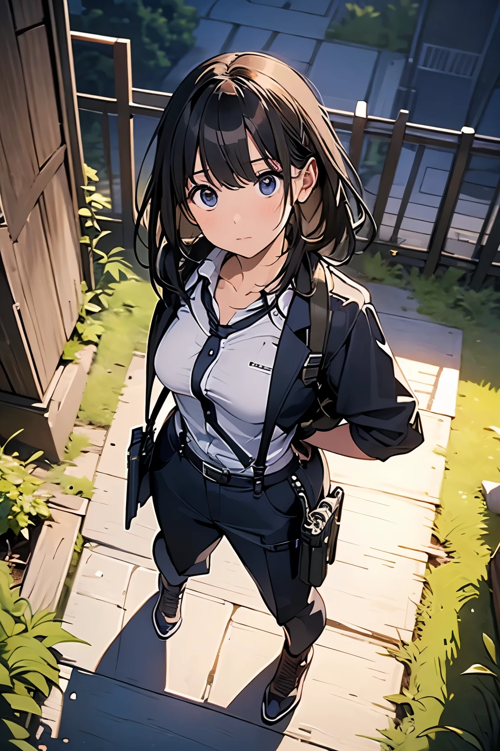 high quality, masterpiece, Ultra-high resolution, (realism: 1.4), Oil painting style, Cinema Lighting, An endless grassland dotted with a few houses, I stood on the empty asphalt road and looked at it., Fairy Mountain々was shrouded in mist, And the suspenders with the cranes flying Moderate breasts Small face holster Lying in bed Looking up Sweat belt summer 脇Sweat Black Hole Gloves suit shirt Black jacket Black trousers Leg Links ズボンにbelt holster Hands behind your back Anxious expression Looking up Anxious face