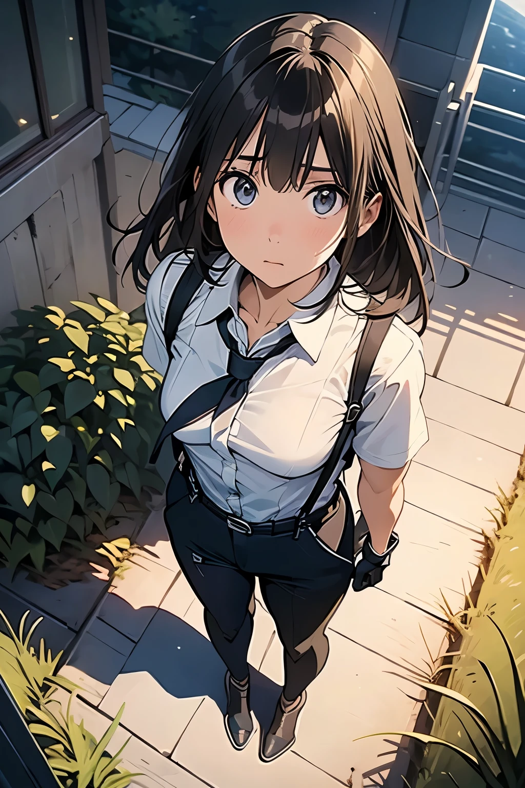high quality, masterpiece, Ultra-high resolution, (realism: 1.4), Oil painting style, Cinema Lighting, An endless grassland dotted with a few houses, I stood on the empty asphalt road and looked at it., Fairy Mountain々was shrouded in mist, And the suspenders with the cranes flying　　　Moderate breasts　 　 　　　　Small face　 　　　holster　　　　　　　 Lying in bed　Looking up　　　　Sweat 　　　belt　summer　脇Sweat 　Black Hole Gloves　suit　shirt　　Black jacket　 Black trousers　Leg Links　ズボンにbelt　　holster　 　　Hands behind your back　 Anxious expression　Looking up　Anxious face
