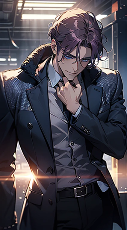 (best quality, masterpiece, 8K, photorealistic, cinematic lighting, 1:4 hdr image, ultra detailed, beautiful image), a mature man, 35 years very handsome, ((cold expression smile in love)), short purple hair, blue eyes, face perfect without mistakes, ((buttoning his jacket, CEO)), smile.
