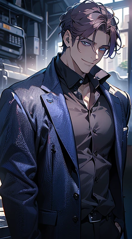 (best quality, masterpiece, 8K, photorealistic, cinematic lighting, 1:4 hdr image, ultra detailed, beautiful image), a mature man, 35 years very handsome, ((cold expression smile in love)), short purple hair, blue eyes, face perfect without mistakes, ((buttoning his jacket, CEO)), smile.