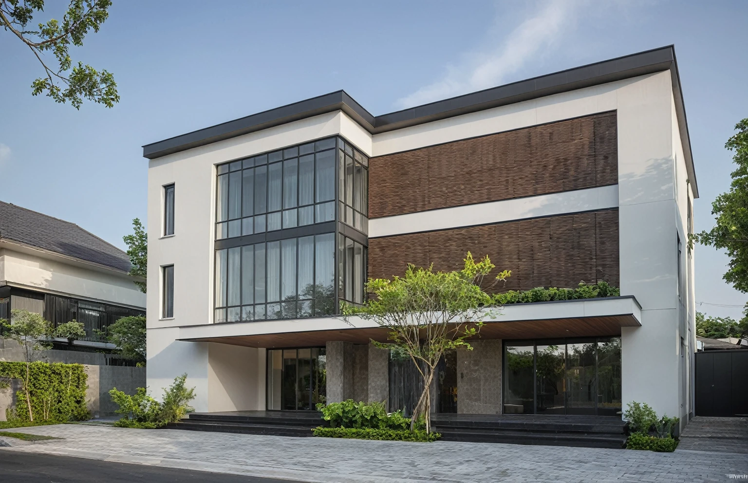 modern villa on street, (daylight), tropical tree, (slope roof, black tiled roof:1.2), vivid color, streetcapes, nice sky, grey tone, large glass door, warm interior lighting, modern material, best quality, ultra realistic, masterpiece, 17ArchiAI_XL_VL-v1
