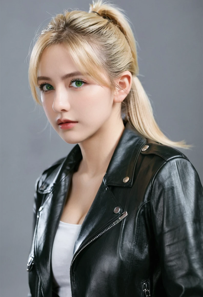 1 Girl, Solitary, Face, portrait, Long hair, Ponytail, Blonde hair, Green Eyes, Large Breasts, (Black leather jacket:1.2) , cleveage, School, Face红, Looking at the audience,