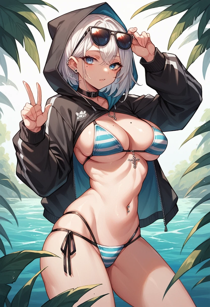 a woman with a big wearing a bikini and black clothing standing by a water, 1girl, swimsuit, eyewear on head, breasts, bikini, blue eyes, solo, v, sunglasses, striped bikini, mole, hood, white hair, mole on breast, striped, looking at viewer, piercing, navel piercing