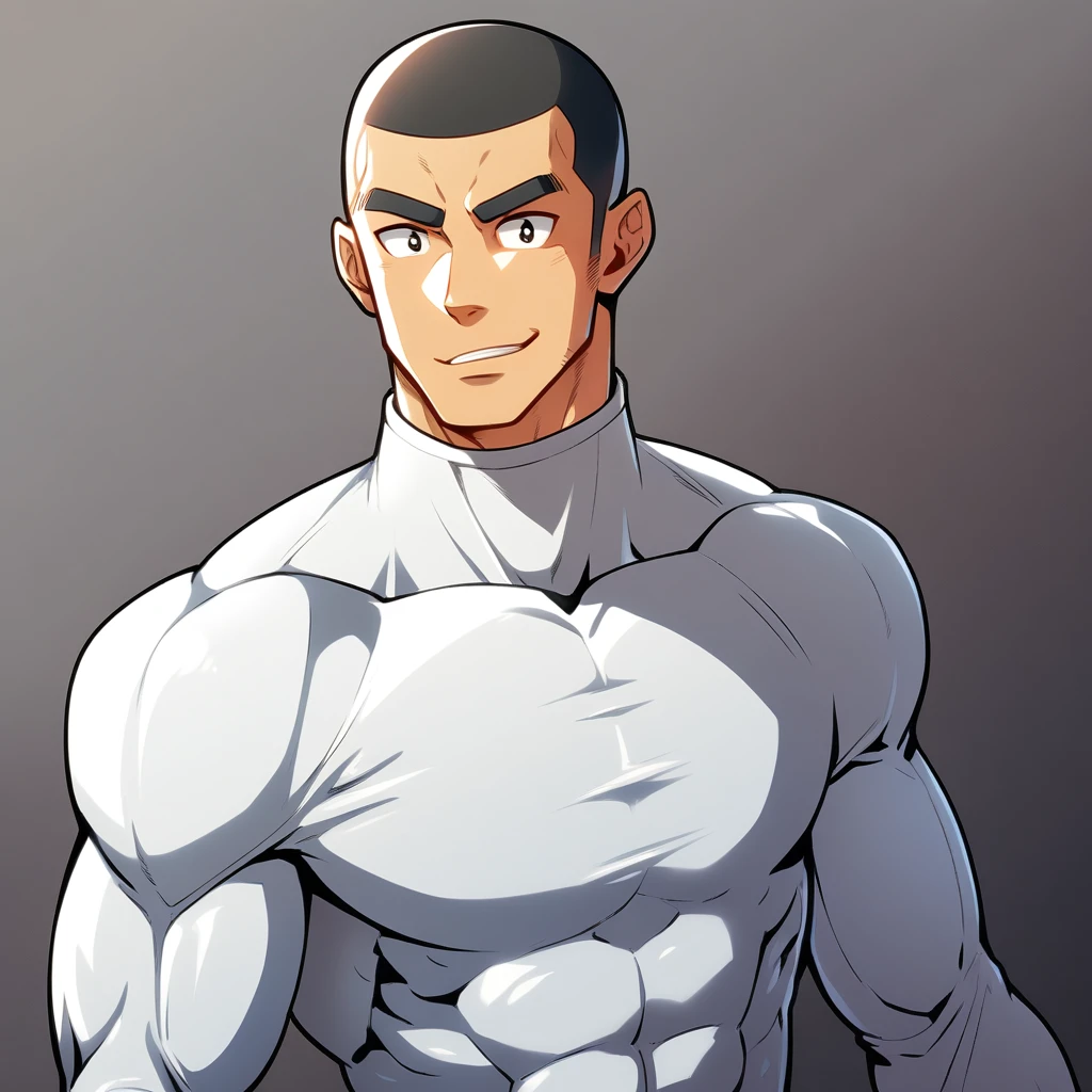 anime characters:Gyee, Muscle Sports Student, Buzz Cut, Manliness, male focus, Cute boy with big eyes, Mike White high collar long sleeve tight T-shirt, Slightly transparent material, Very tight, Round, full and perky chest muscles, Slightly transparent, muscular male, muscular, only, Upper body, alone, Black short hair, Thick eyebrows, stubble, Cute little eyes, Grey background, simple background, amazing quality, best aesthetics, Ridiculous, crew cut, parted lips, seductive smile, torogao, naughty face, drop shadow, best quality