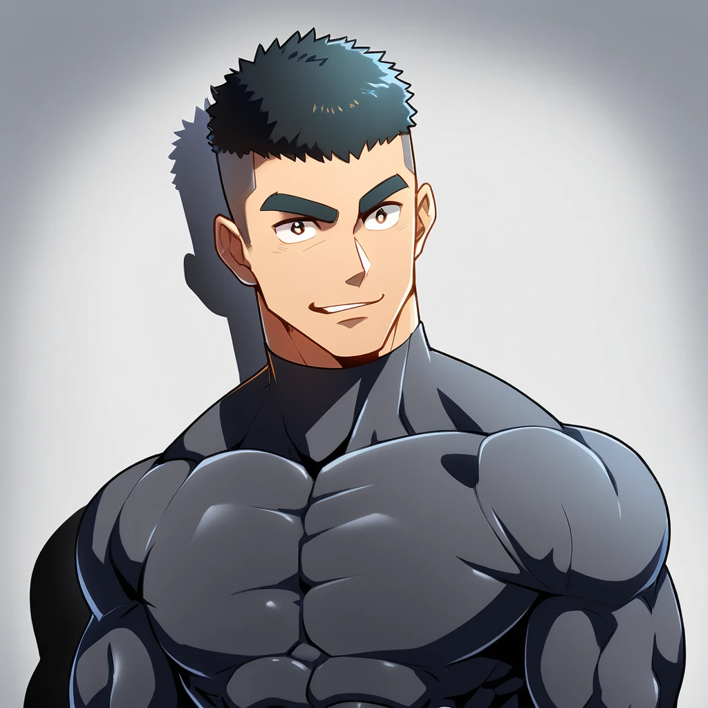 anime characters：Gyee, Muscle Sports Student, Buzz Cut, Manliness, male focus, Cute boy with big eyes, Mike White high collar long sleeve tight T-shirt, Slightly transparent material, Very tight, Round, full and perky chest muscles, Slightly transparent, muscular male, muscular, only, Upper body, alone, Black short hair, Thick eyebrows, stubble, Cute little eyes, Grey background, simple background, amazing quality, best aesthetics, Ridiculous, crew cut, parted lips, seductive smile, torogao, naughty face, drop shadow, best quality