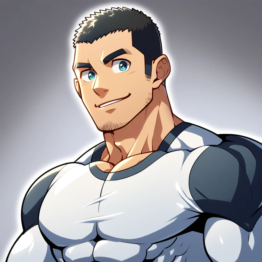 anime characters:Gyee, Muscle Sports Student, Buzz Cut, Manliness, male focus, Cute boy with big eyes, Mike White high collar long sleeve tight T-shirt, Slightly transparent material, Very tight, Round, full and perky chest muscles, Slightly transparent, muscular male, muscular, only, Upper body, alone, Black short hair, Thick eyebrows, stubble, Cute little eyes, Grey background, simple background, amazing quality, best aesthetics, Ridiculous, crew cut, parted lips, seductive smile, torogao, naughty face, drop shadow, best quality