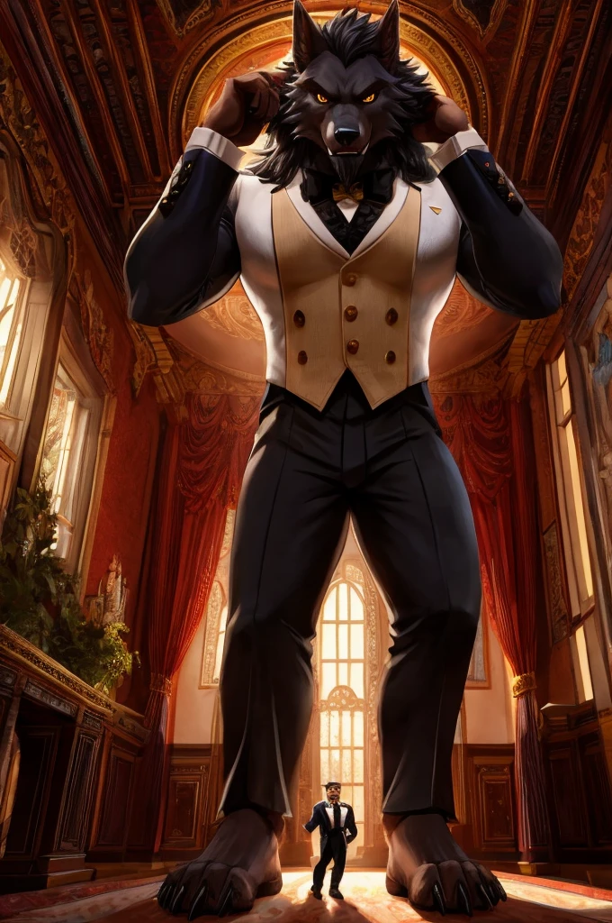 Giant Buff Werewolf Butler, Confident, Golden Eyes, Muscular, Handsome, Charming, View from Below, High Contrast, Standing over the Viewer, Macro, Inside Mansion, Gold Collar, Barefoot