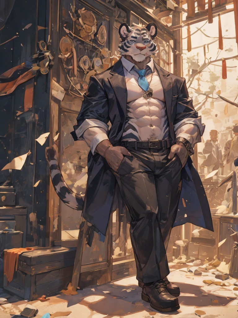 {{bara extremely handsome white tiger,}} {{white fur,}} white, wearing elegant ornate suit jacket, trousers, white dress shirt and necktie, white fluffy furry body and limbs, loafers, very tall, very broad shoulders, narrow waist, muscular arms, massive pecs, purple eyes, very long legs, massive bulge, sophisticated hot look, full body, 3/4 view, best quality, high quality, silver earring on left ear, sultry smirk, multiple views, character sheet