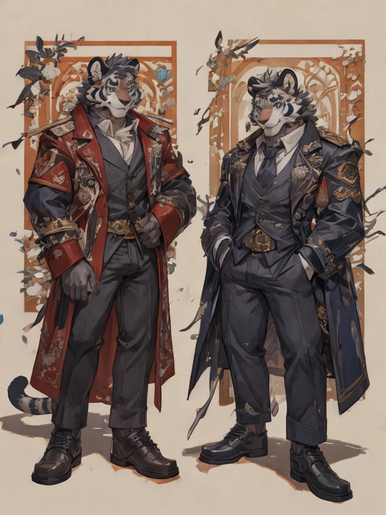 {{bara extremely handsome white tiger,}} {{white fur,}} white, wearing elegant ornate suit jacket, trousers, white dress shirt and necktie, white fluffy furry body and limbs, loafers, very tall, very broad shoulders, narrow waist, muscular arms, massive pecs, purple eyes, very long legs, massive bulge, sophisticated hot look, full body, 3/4 view, best quality, high quality, silver earring on left ear, sultry smirk, multiple views, character sheet