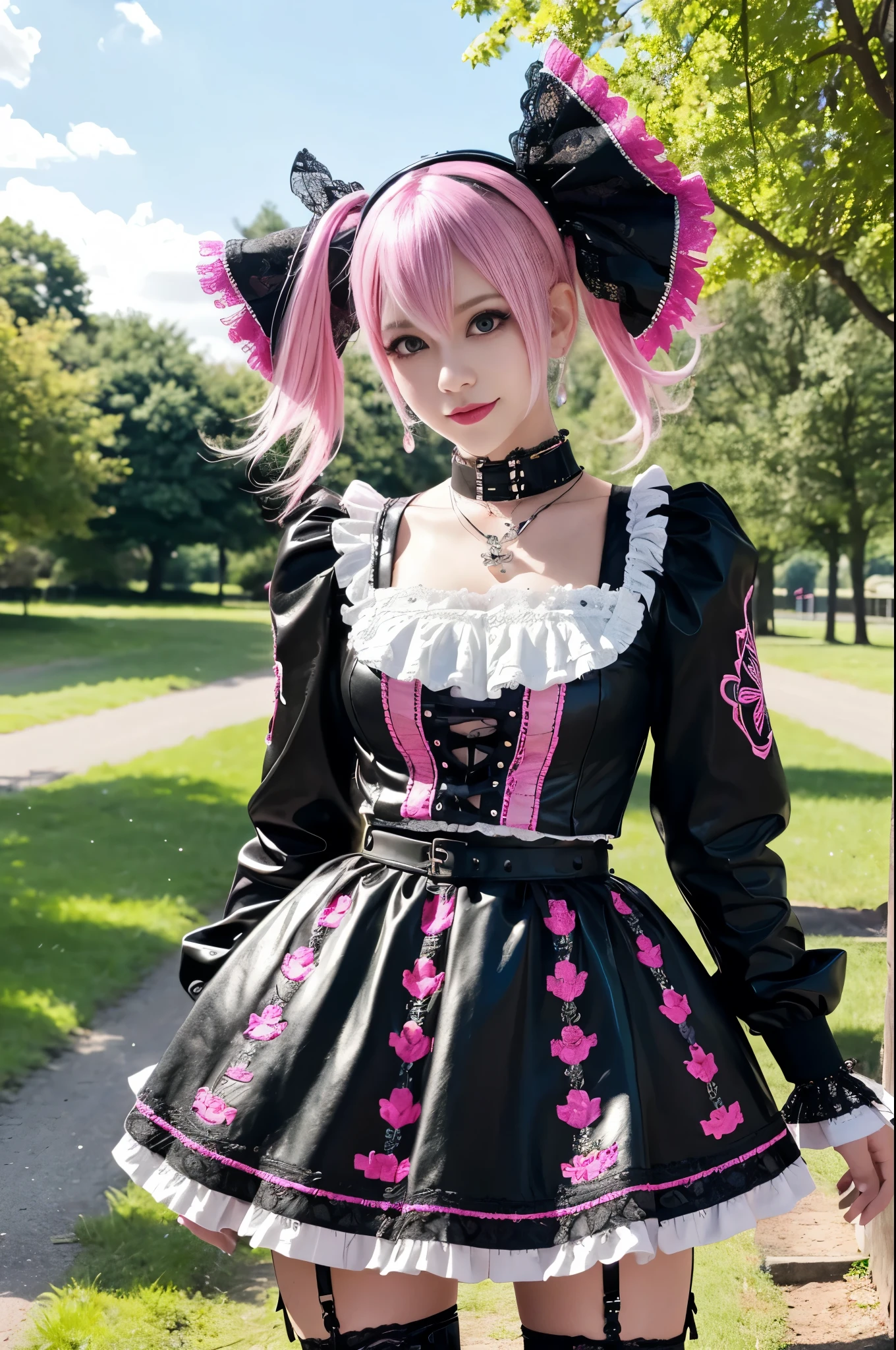 sexy stylish Swedish model, only 1 female, ((doll-like appearance)), short neon pink stylish hair, ((shiny Punk-Style boots)), (beautiful smile), ultra detailed eyes, long lashes, metallic eye-makeup, lip-gloss, ((sexy Punk Lolita cosplay)), unconventional skirt, petticoats, high neckline, ((ultra detailed lace)), ((ultra detailed embroidery)), intricate details, tartan patterns, Punk Lolita accessoires, Punk Lolita choker, ((large sparkling Punk Lolita jewelry)), cinematic light, detailed sunny large park background with trees
