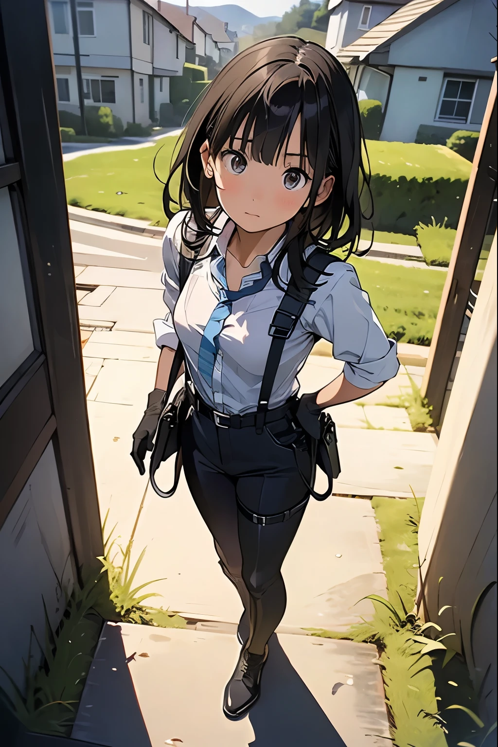 high quality, masterpiece, Ultra-high resolution, (realism: 1.4), Oil painting style, Cinema Lighting, An endless grassland dotted with a few houses, I stood on the empty asphalt road and looked at it., Fairy Mountain々was shrouded in mist, And the suspenders with the cranes flying Moderate breasts Small face holster Lying in bed Looking up Sweat belt summer 脇Sweat Black Hole Gloves suit shirt Black jacket Black trousers Leg Links ズボンにbelt holster Hands behind your back Anxious expression Looking up Anxious face