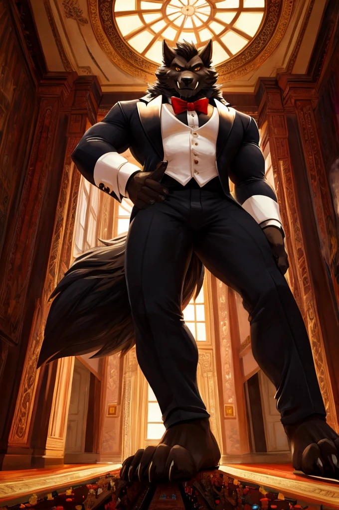 Giant Buff Werewolf Butler, Confident, Golden Eyes, Muscular, Handsome, Charming, View from Below, High Contrast, Standing over the Viewer, Macro, Inside Mansion, Gold Collar, Barefoot