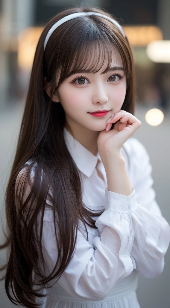 Tabletop, Highest quality, shape, Very detailed, finely, High resolution, 8k wallpaper, 完璧なダイナミックな構shape, Beautiful and exquisite,ランダムなcute髪,,Natural color lip、20-year-old girl、cute、Looking into the camera,Always blur the background,Perfect and beautiful face,Slim face and figure,Big eyes、Putting on gal makeup,Small face,Shooting from below、Blurred Background,Elegant feminine face、Cyberpunk Fashion、smile、Change pose randomly、Randomly change the shooting angle and position、One person、Lolita Fashion、Cinderella、Real Photo、Raw photo