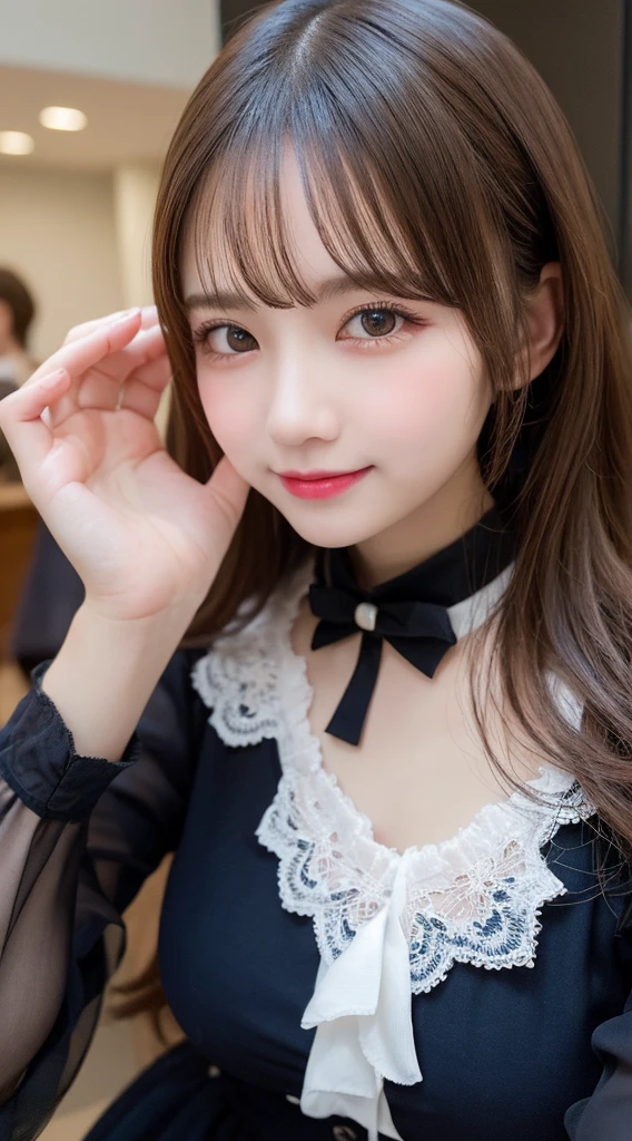 Tabletop, Highest quality, shape, Very detailed, finely, High resolution, 8k wallpaper, 完璧なダイナミックな構shape, Beautiful and exquisite,ランダムなcute髪,,Natural color lip、20-year-old girl、cute、Looking into the camera,Always blur the background,Perfect and beautiful face,Slim face and figure,Big eyes、Putting on gal makeup,Small face,Shooting from below、Blurred Background,Elegant feminine face、Cyberpunk Fashion、smile、Change pose randomly、Randomly change the shooting angle and position、One person、Lolita Fashion、Cinderella、Real Photo、Raw photo