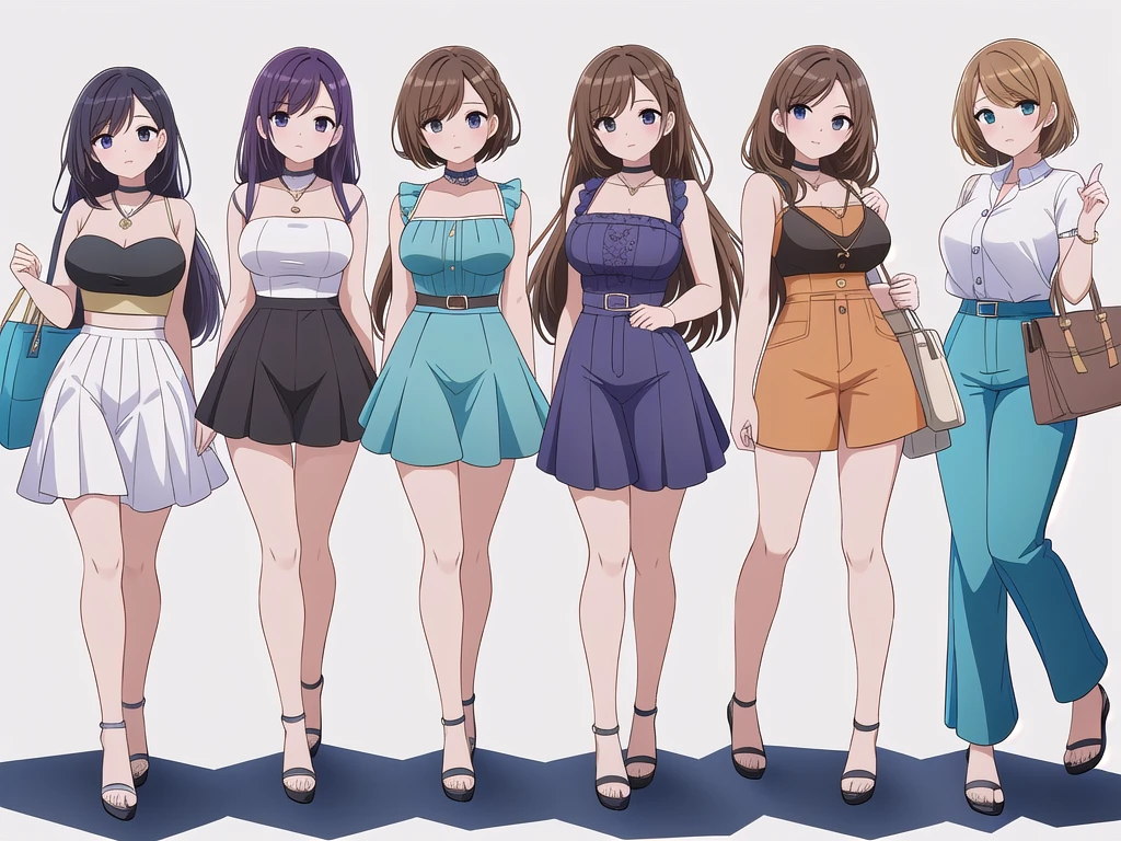 (((Best Quality))) , ((full body)), 4 lady, adult woman, multiple views, (((white background,))) variety of hairstyles, variety of fashion styles, seductive pose, fashionable and trendy atmosphere, holding bag, summer outfits, walk pose, dark blue/dark orange/dark green/dark violet/brown/white, short pants, bustier,