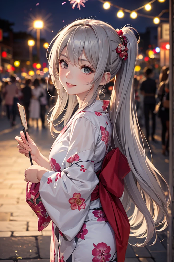 (Best Quality,High resolution,8K,finelity detailed background,Masterpiece:1.2),beautiful girl,Glossy romance gray hair,pony tail,Beautiful grey eyes,Gentle look,A refreshing look,Best quality,Best Quality,Aesthetic and aesthetic:1.2,Best details((Super detailed))(High-definition CG illustrations),yukata(Floral),Slender body,night,Fireworks display,Fireworks in the background,Fireworks,smile,blush,cute,Scrounge,Looking up,Being spoiled,super model
