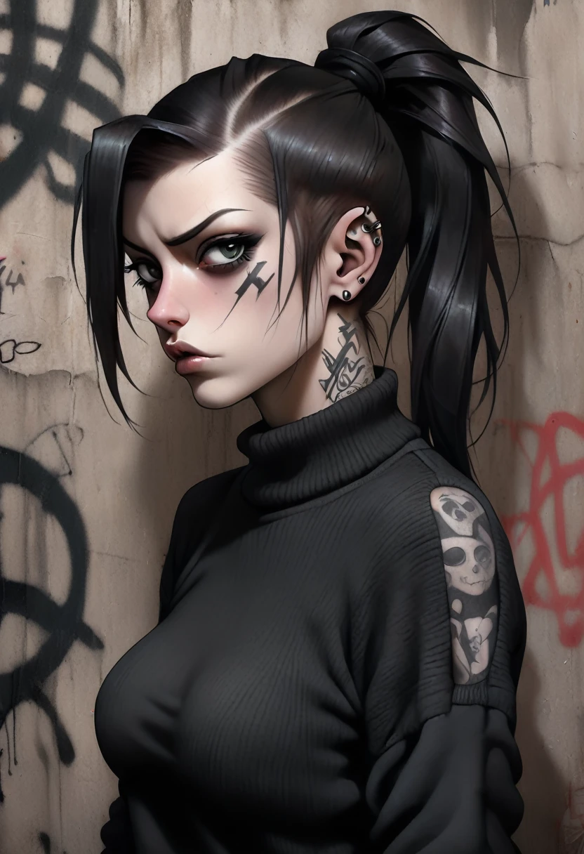 portrait of a female rocker, black sweater, expressive eyes, tattoo, ponytail with no bangs, attitude, sultry, pictorialism, dystopian, grim dark, goth, chiaroscuro, contrast, surrealism, gritty background, background grunge graffiti wall, high angle view