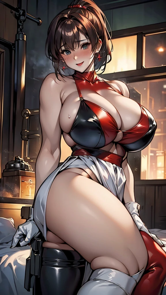 18-year-old girl,Baby Face,Crimson short-haired,ponytail hairstyle,Smile,Huge breasts,cleavage,Sheer red sleeveless top,Leave space in the middle to reveal cleavage,Soaked all over,Blushing,green eyes,Female spy,Red miniskirt,White gloves,White hand sleeves,White boots,Science fiction,Future,Inside the mecha combat robot warehouse,robot driver,Pistol hanging on waist,No bangs,Wearing earrings only on one side