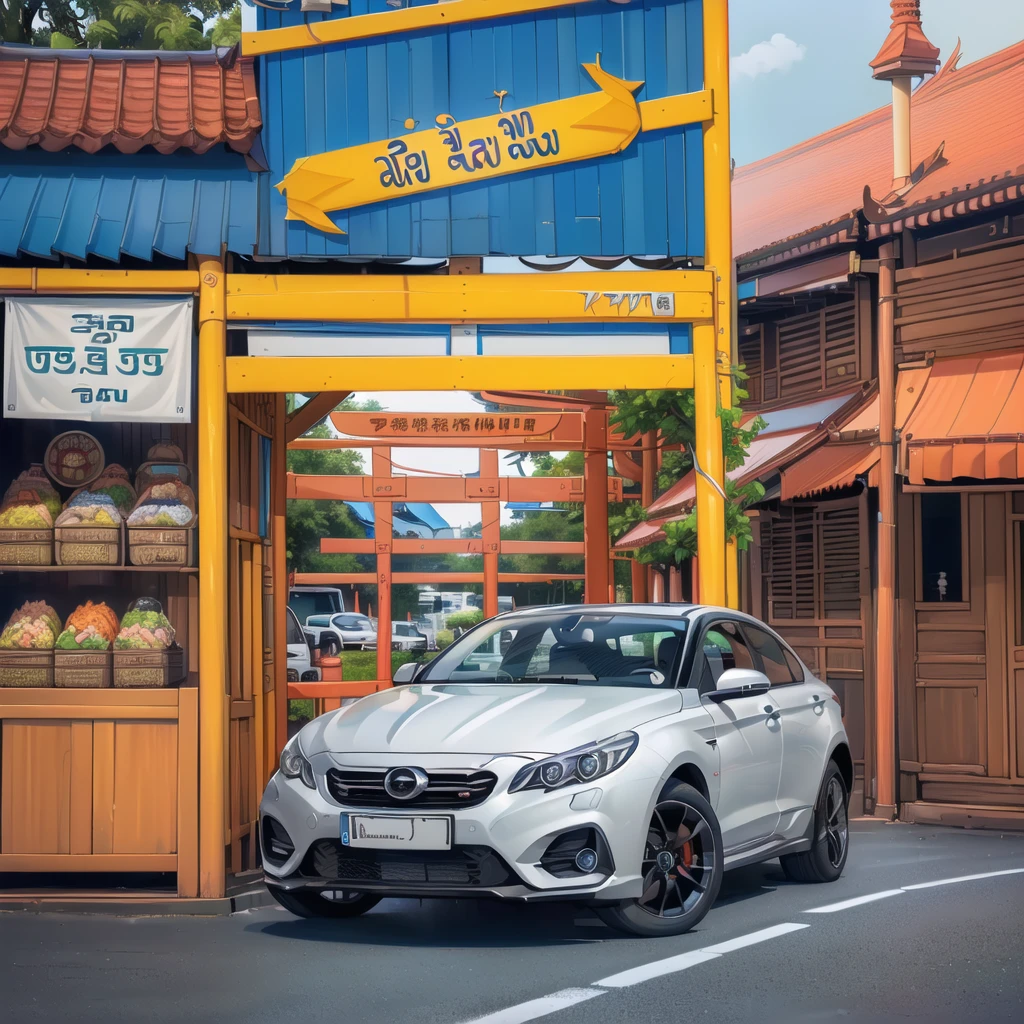 (ร้านอาหารริมroad :1.5),road ,(รถวิ่งบนนroad:1.6) capital landscape:1.5 ,(Many cars:1.5)