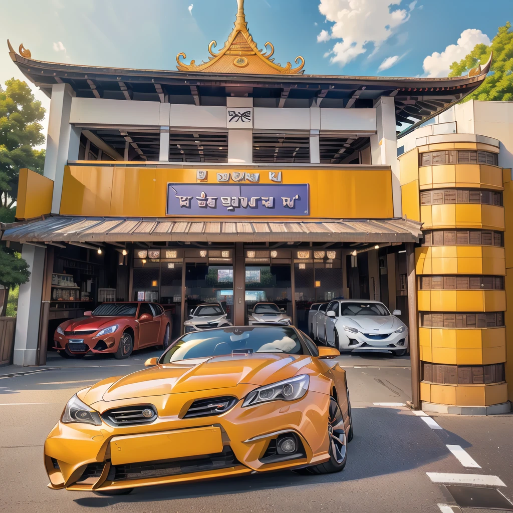 (ร้านอาหารริมroad :1.5),road ,(รถวิ่งบนนroad:1.6) capital landscape:1.5 ,(Many cars:1.5)