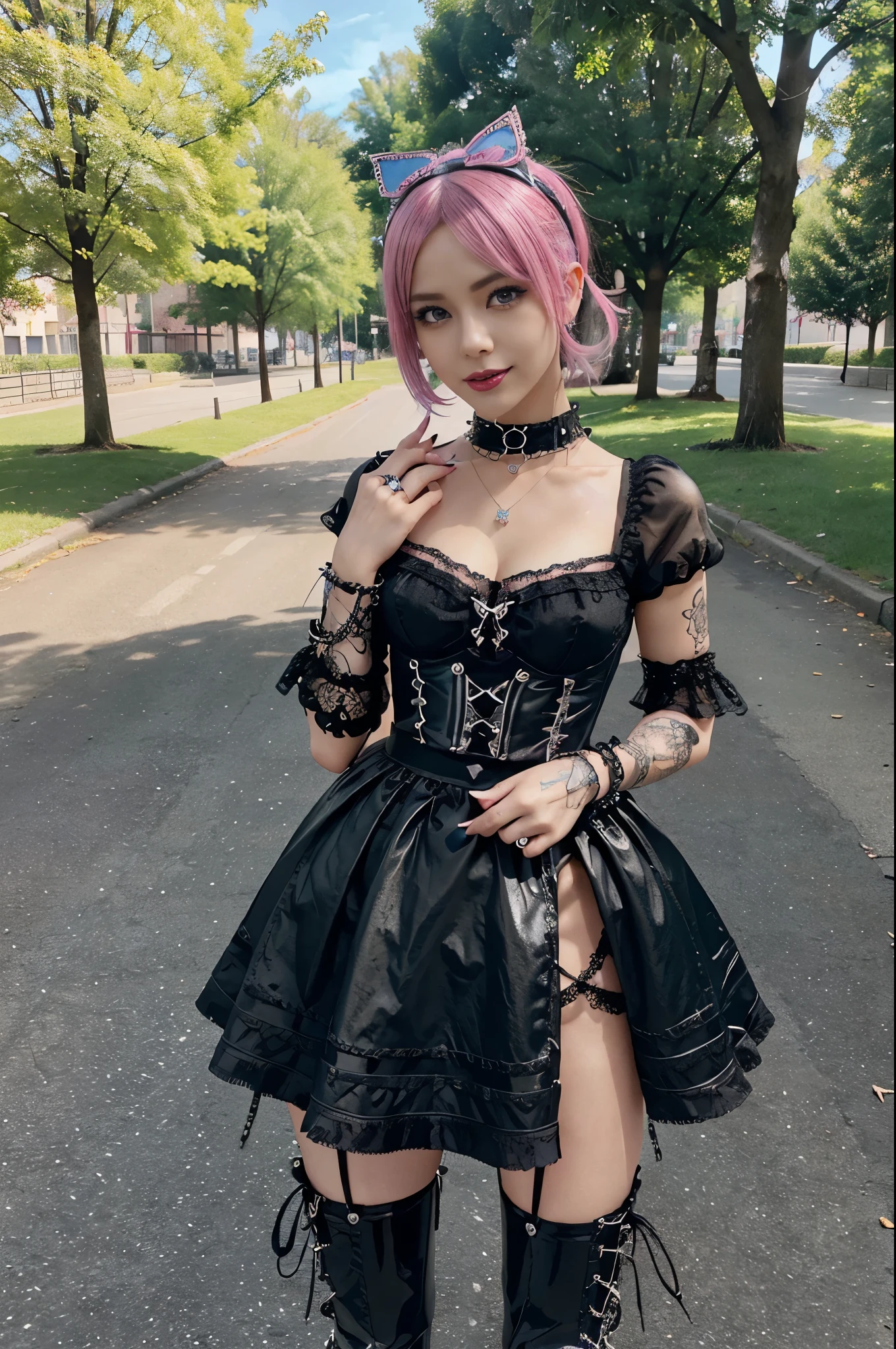 sexy stylish Swedish model, only 1 female, ((doll-like appearance)), short neon pink stylish hair, ((shiny Punk-Style boots)), (beautiful smile), ultra detailed eyes, long lashes, metallic eye-makeup, lip-gloss, ((sexy Punk ta cosplay)), unconventional skirt, petticoats, high neckline, ((ultra detailed lace)), ((ultra detailed embroidery)), intricate details, tartan patterns, Punk Loliccessoires, Punk Lolita cr, ((large sparkling Punk Lolita jewel, cinematic light, detailed sunny large park background with trees
