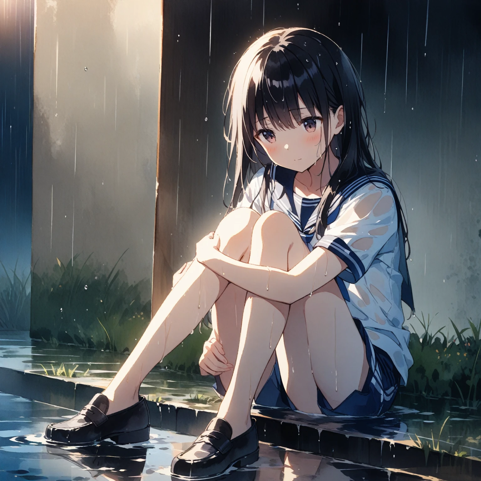 1girl、Black Hair、Sailor suit、Wet clothes、Wet Hair、Grass、heavy rain、evening、Reflection on the water、puddle、(watercolor painting:1.3)、deep faint light 、 detailed CG、high resolution