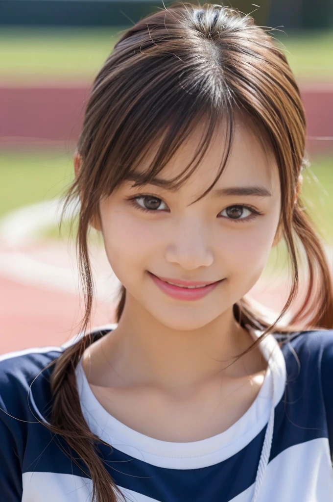 (Realistic: 1.4), (Highest quality: 1.4), Ultra-high resolution, (fine grain),,Extremely close-up face,,(Beautiful breasts),Berry Short,high school student、Track and field club、,Big eyes,Blushing、Ta,((smile)),Highly detailed face and skin texture, Healthy Skin,8K resolution、Stick your tongue out、esotropia、