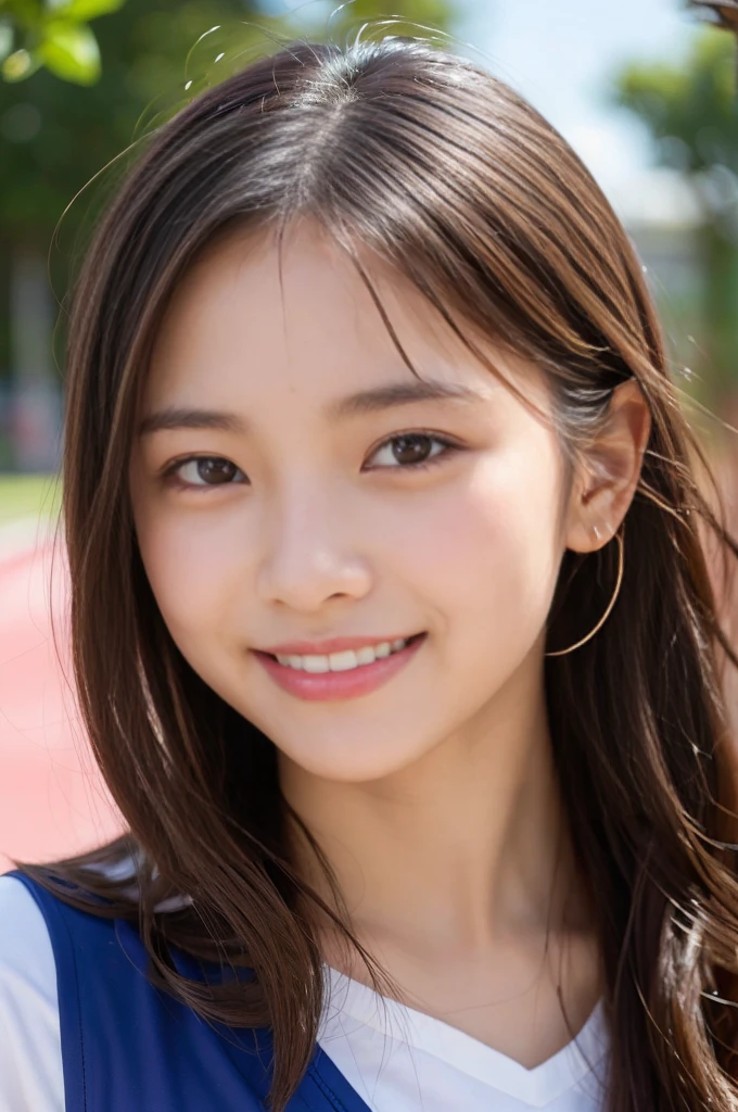 (Realistic: 1.4), (Highest quality: 1.4), Ultra-high resolution, (fine grain),,Extremely close-up face,17 years old,(Beautiful breasts),Berry Short,high school student、Track and field club、,Big eyes,Blushing、Ta,((smile)),Highly detailed face and skin texture, Healthy Skin,8K resolution、Stick your tongue out、esotropia、