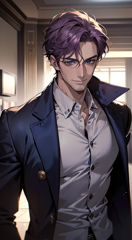 (best quality, masterpiece, 8K, photorealistic, cinematic lighting, 1:4 hdr image, ultra detailed, beautiful image), a mature man, 35 years very handsome, ((cold expression smile in love)), short purple hair, blue eyes, face perfect without mistakes, ((buttoning his jacket, CEO)), smile.