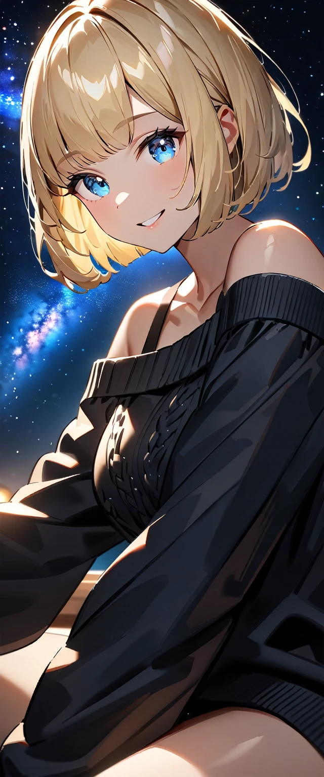 ((reaching)), (((focus on face))), ((extreme close up face)), (((a beautiful starry sky, the Milky Way shining beautifully in the night))), ((off-shoulder sweater:1.3, Quite thick shoulder straps)), ((black sweater)), ((Aran sweater)), ((((from side)))), ((sitting on the very high cliff)), wavy hair, inward curled hair, sea, ((blond hair, bob cut:1.3)), breasts, teenager, (looking at viewer), oversized clothes, puffy long sleeves, collarbone, head tilt:1.3, (((blue eyes))), happy smile, (((anime style))), (best quality, 4K, 8K, highres, masterpiece:1.2, ultra-detailed, ultra-detailed eyes, HDR, uhd, studio lighting, ultra-fine painting, sharp focus, physically-based rendering, extreme detail description, professional, vivid colors, bokeh)