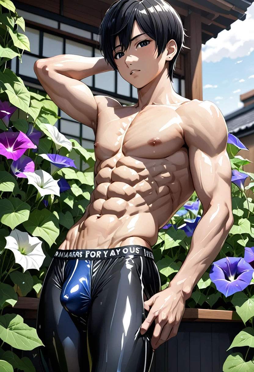 high quality, detailed, ( japanese idol boy), (detailed black eyes), (black short hair), (abs:1.5), (shiny skin), (bulge:1.2),(detailed areola), yard, Morning glory,