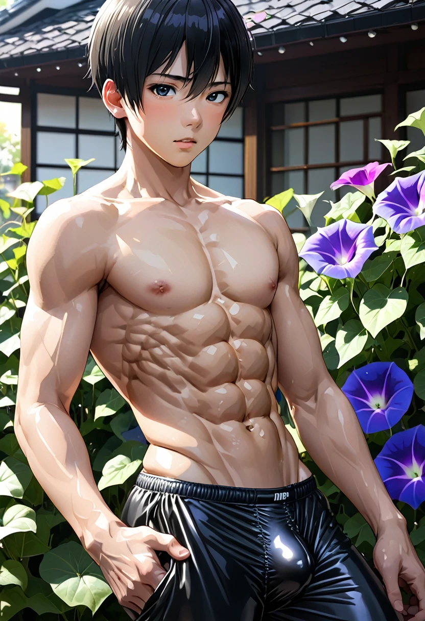 high quality, detailed, ( japanese idol boy), (detailed black eyes), (black short hair), (abs:1.5), (shiny skin), (bulge:1.2),(detailed areola), yard, Morning glory,