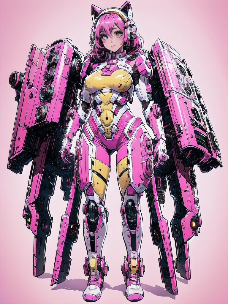 complete body shot,retro futuristic flat background,masterpiece, best quality, 1girl, solo, retro futuristic cyborgwoman, seamlessly blending mechanics and elegance. fit, small breasts, blueish skin, with magenta hair, fashion modeling pose, form fitting pastel yellow and pink with black colorblocking gundam suit-like-armor,kitty_ear headpiece, happy, wild pink punky hair, humanoid face with bigger eyes and some cyberparts holding a retro futuristoc space-gun, plain background, intense colors, Anime, Cartoon, Comic Book, Concept Art