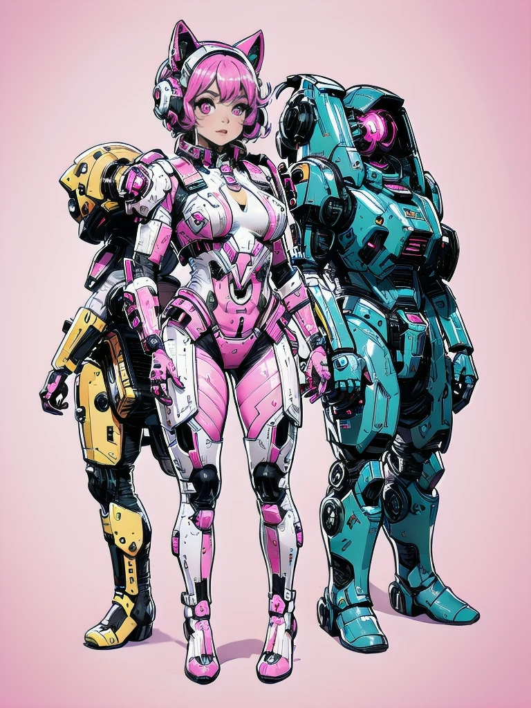 complete body shot,retro futuristic flat background,masterpiece, best quality, 1girl, solo, retro futuristic cyborgwoman, seamlessly blending mechanics and elegance. fit, small breasts, blueish skin, with magenta hair, fashion modeling pose, form fitting pastel yellow and pink with black colorblocking gundam suit-like-armor,kitty_ear headpiece, happy, wild pink punky hair, humanoid face with bigger eyes and some cyberparts holding a retro futuristoc space-gun, plain background, intense colors, Anime, Cartoon, Comic Book, Concept Art