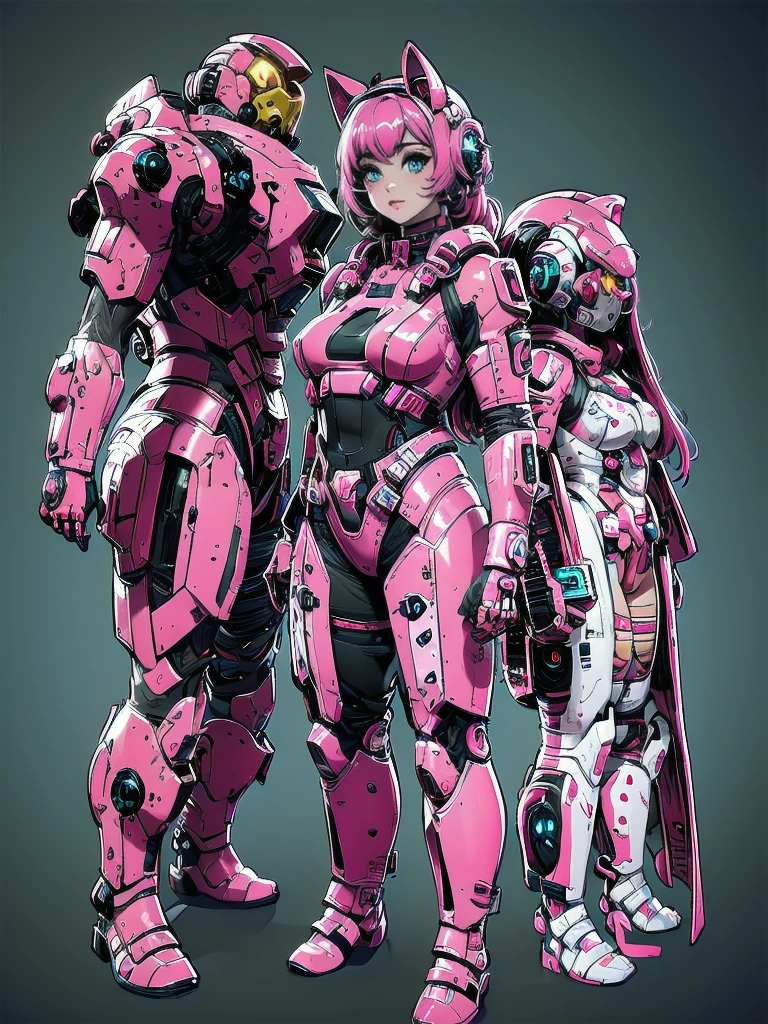 complete body shot,retro futuristic flat background,masterpiece, best quality, 1girl, solo, retro futuristic cyborgwoman, seamlessly blending mechanics and elegance. fit, small breasts, blueish skin, with magenta hair, fashion modeling pose, form fitting pastel yellow and pink with black colorblocking gundam suit-like-armor,kitty_ear headpiece, happy, wild pink punky hair, humanoid face with bigger eyes and some cyberparts holding a retro futuristoc space-gun, plain background, intense colors, Anime, Cartoon, Comic Book, Concept Art