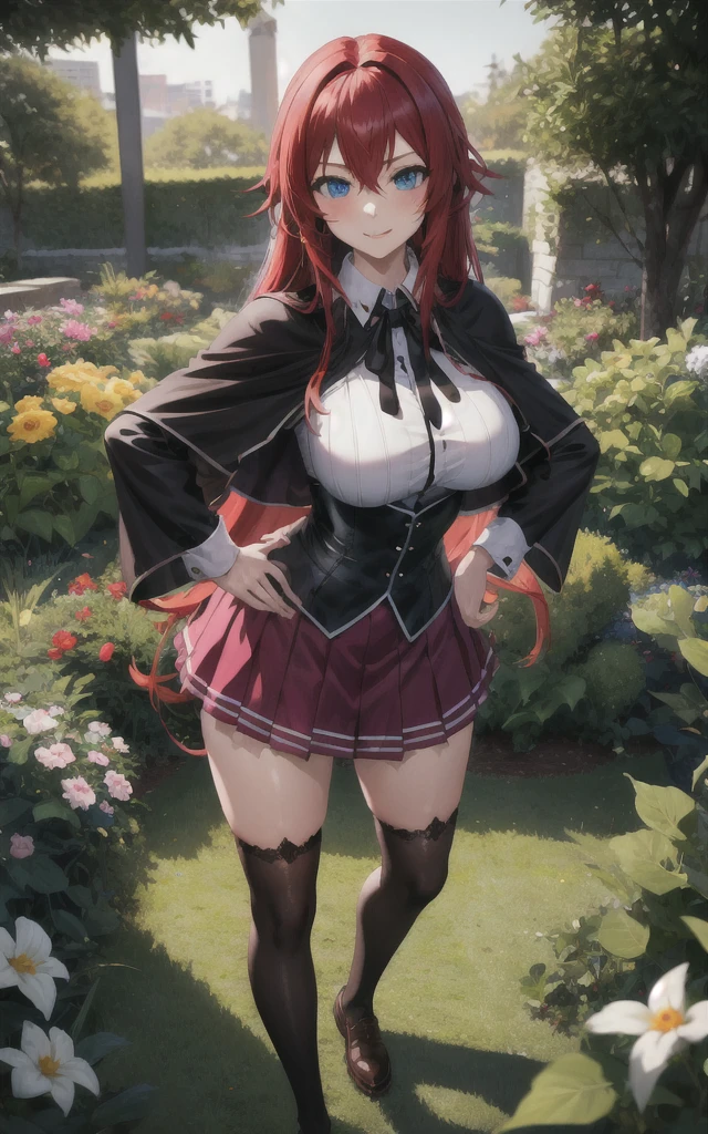 ((masterpiece, best quality)), insaneres, absurdres, solo, looking at viewer, 
ANIME_DxD_Rias_Gremory_ownwaifu, 
1girl, bangs, long hair, red hair, breasts, large breasts, rias gremory, blue eyes, hair between eyes, very long hair, collarbone, hair intakes,  hair over breasts, 
black capelet, black corset, collared shirt, kuoh academy , layered skirt, underbust, , skirt, shirt, long sleeves, purple skirt, ribbon, miniskirt, neck ribbon, thighhighs, black ribbon, 
(contrapposto, hand on hip)depth of field, vanishing point, garden, sidelighting,