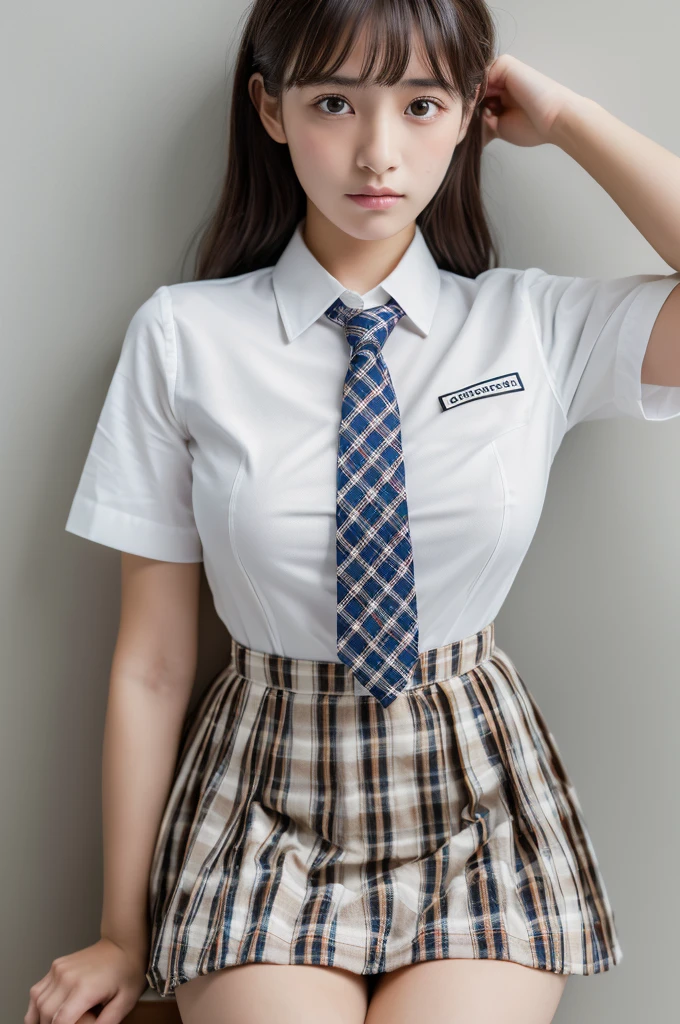 ((highest quality, 8K, masterpiece :1.3)), Photorealistic、Ultra-high resolution、Natural skin texture、Hyperrealism、Photograph from the knee up、12 year old beautiful Japanese girl、Large breasts、White collared shirt and tie、Checkered mini skirt、Serious expression、Pain and gasping