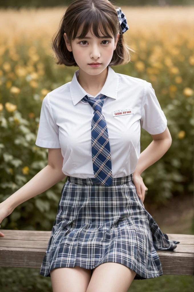 ((highest quality, 8K, masterpiece :1.3)), Photorealistic、Ultra-high resolution、Natural skin texture、Hyperrealism、Photograph from the knee up、12 year old beautiful Japanese girl、Large breasts、White collared shirt and tie、Checkered mini skirt、Serious expression、Pain and gasping